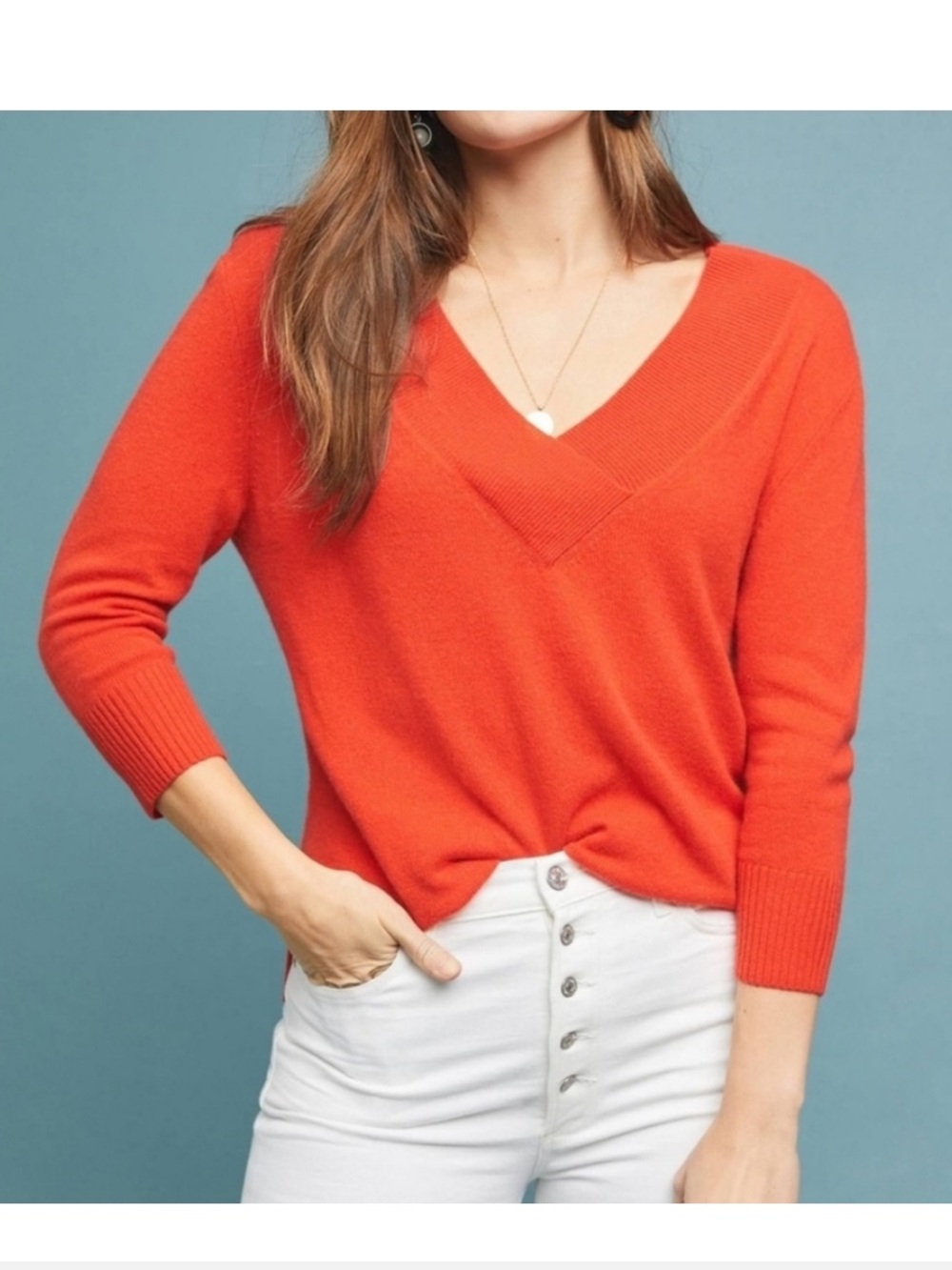 Anthropologie Cashmere Tomato Red V-neck Cropped Boxy Sweater Size Large